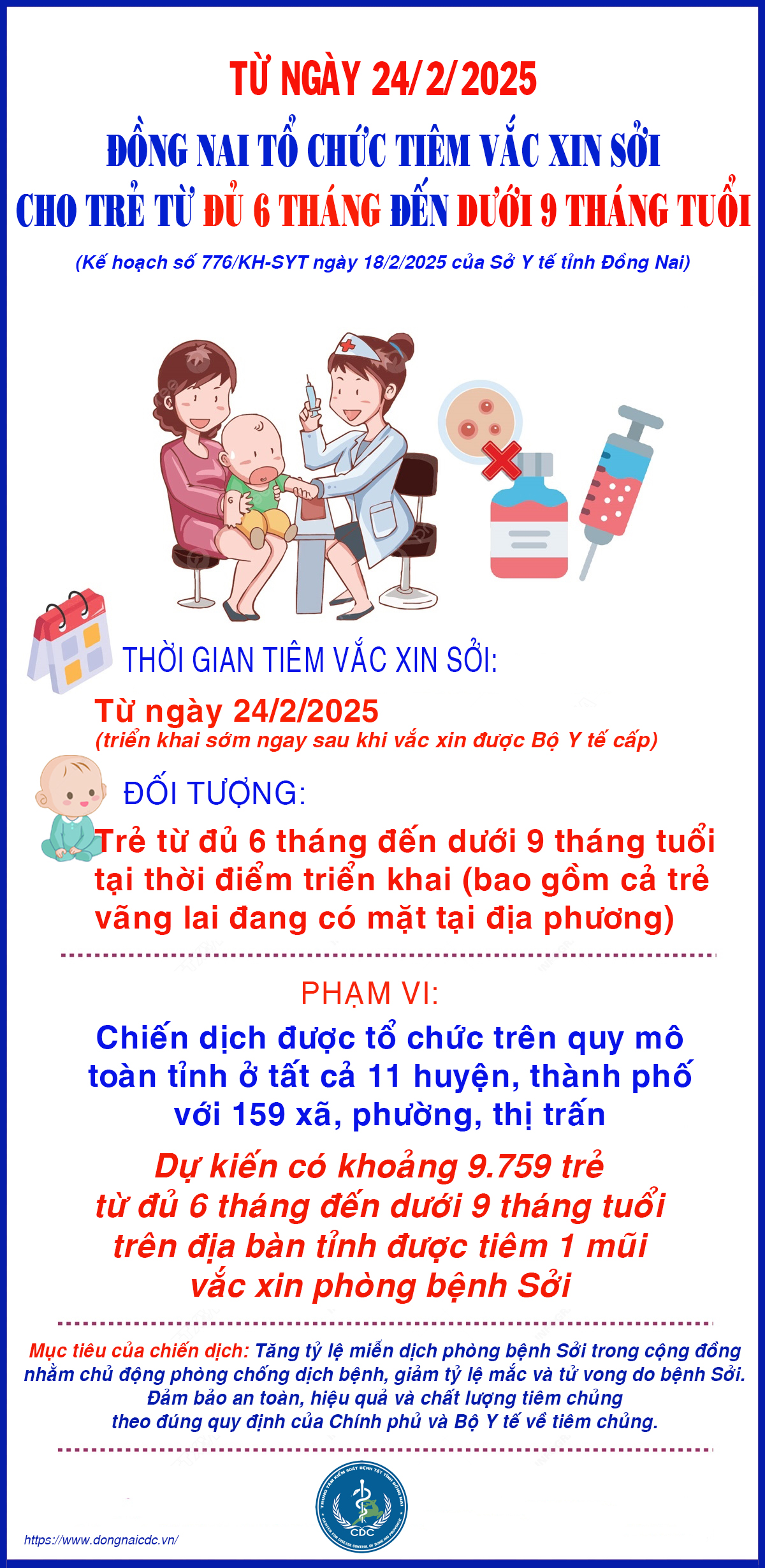 Từ 24/2/2025: Đồng Nai triển khai tiêm vắc xin Sởi cho trẻ đủ 6 tháng đến dưới 9 tháng tuổi 